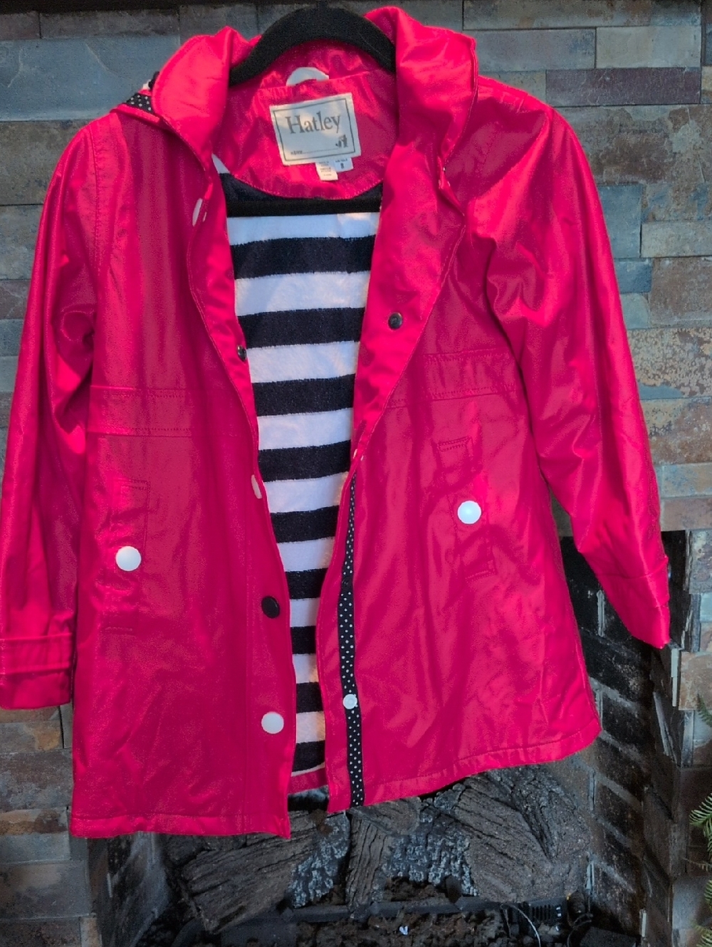 Hatley Bright Red Hooded Kids Raincoat with Striped Liner